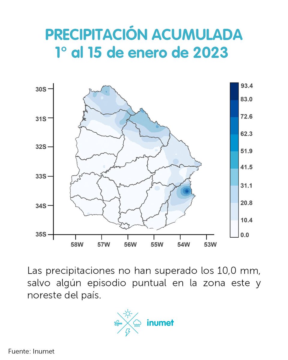 Inumet_'s tweet photo. #InformaciónALaPoblación

Uruguay se encuentra con la totalidad del territorio bajo condición de #sequía en el período del 11/10/2022 al 10/01/2023.

De lo que va del mes los registros de precipitación no han superado los 10,0 mm salvo algún episodio puntual en la zona E-NE. https://t.co/X9r0YEJ3e9