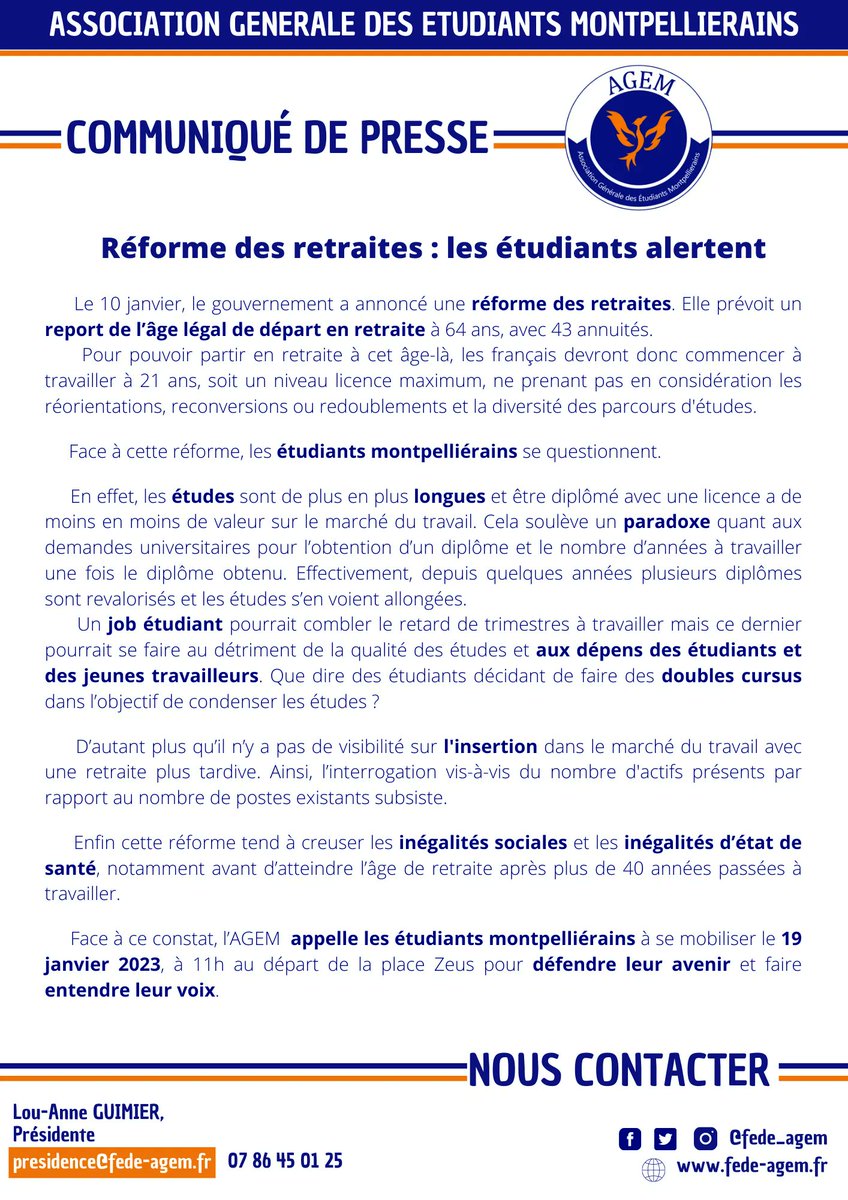 Face à la réforme des retraites, les étudiant.e.s alertent. 📣

L'AGEM appelle les étudiant.e.s montpelliérain.e.s à rejoindre la manifestation ce jeudi 19 janvier à 11h à la place Zeus pour porter leur voix. 📢

#reformedesretraites