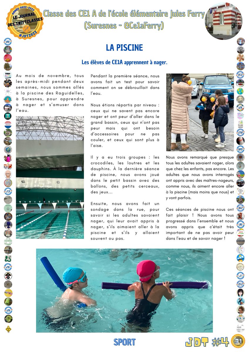 #UnArticleDuJdT
Pour cette 28e découverte, nous vous proposons l'article des élèves de CE1 de @Ce1aFerry  (#Suresnes) dans le Journal des TwittClasses. #JdT2023🗞️
Il parle de leur cycle de piscine et se trouve en page 31 du JdT.
Bonne lecture ! <a href="/FFNatation/">FFN</a>