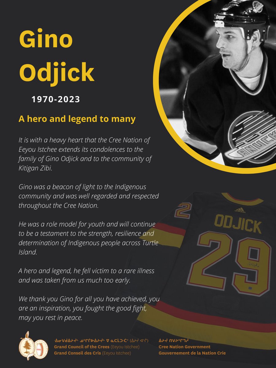 gcccra's tweet image. It is with a heavy heart that the Cree Nation of Eeyou Istchee extends its condolences to the family of Gino Odjick and to the community of Kitigan Zibi.

Gino was a beacon of light to the Indigenous community and was well regarded and respected throughout the Cree Nation.