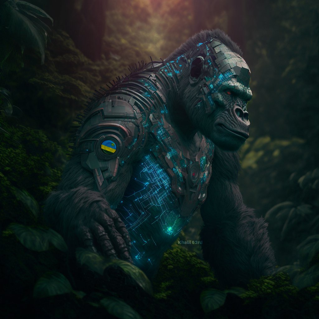 6ixtythre3's tweet photo. Sci-Fi concept: The year is 2633 the planet in barely habitable, rwandan scientists have modified Gorilla to adapt the condition 
..... Ai art generated with MidJourney + photoshop https://t.co/gyOOeaIJQs