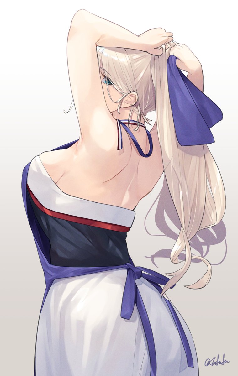 1girl adjusting hair apron arms up bare shoulders blonde hair blue eyes  illustration images