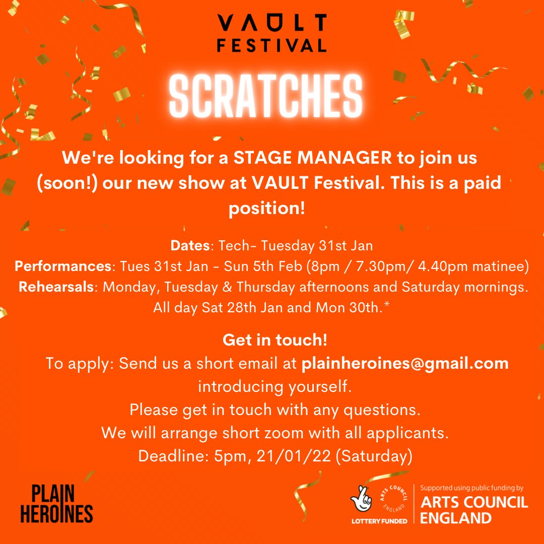 PlainHeroines's tweet photo. We’re looking for a stage manager to join our team @VAULTFestival! Please share! 🎉 https://t.co/iFhLtEF0Og