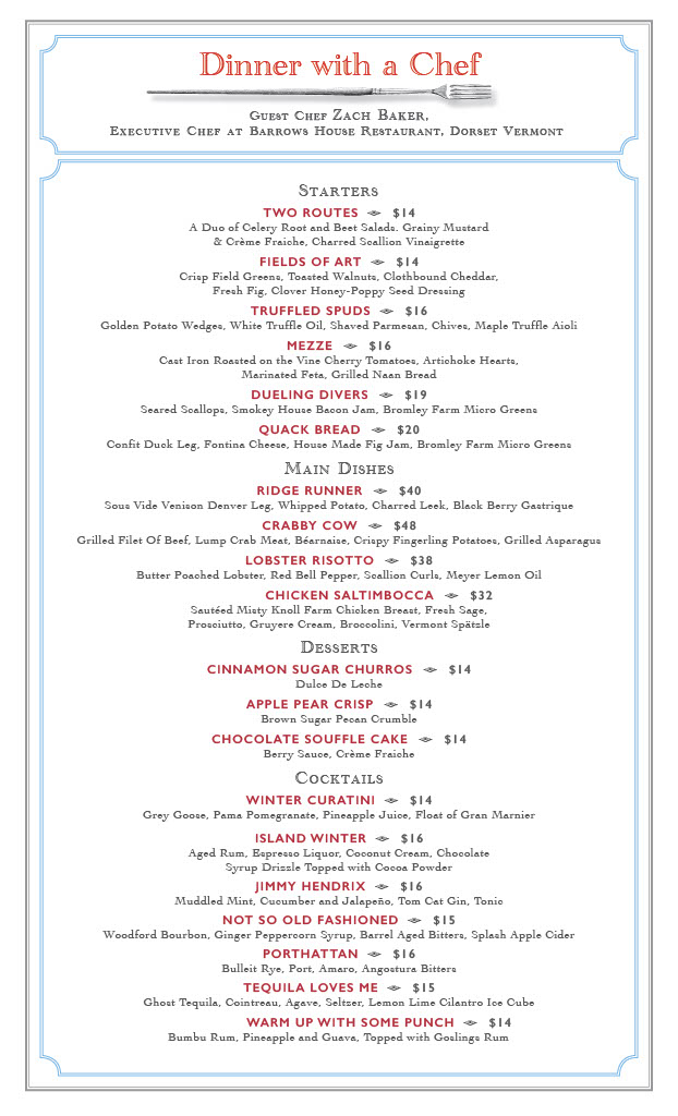 BarrowsHouse's tweet photo. Join curATE at Southern Vermont Arts Center for Chef Zach Baker Exclusive Pop Up Dinner — serving Thursday-Saturday nights, January 19-21. https://t.co/AZsq5UEyqz