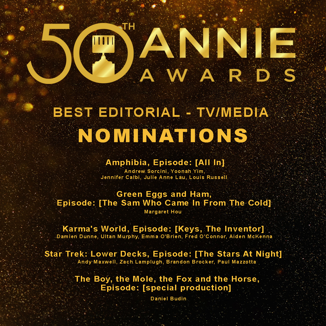 Here are the 2023 Nominees for Best Editorial - TV/Media! Congrats to the Editorial Teams at <a href="/DisneyTVA/">Disney TVA</a> <a href="/netflix/">Netflix</a> <a href="/TitmouseInc/">Titmouse Animation</a> <a href="/CBSTVStudios/">CBS Studios</a> <a href="/bad_robot/">Bad Robot</a> <a href="/AppleTV/">Apple TV</a>! 

#annieawards #50thannieawards  #besteditorialtvmedia