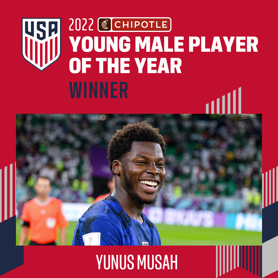 He logged the most minutes as a teenager in #USMNT history, and now <a href="/yunusmusah8/">Yunus Dimoara Musah</a> is YOUR 2022 <a href="/ChipotleTweets/">Chipotle</a> Young Male Player of the Year 🏆

Congrats, Moose! 🥳

More » ussoc.cr/22MusahYMPOY