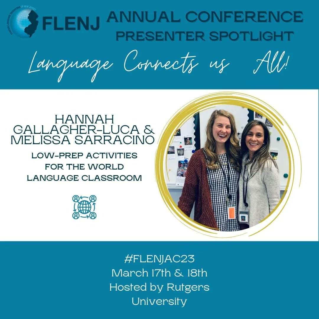 SO excited for Hannah Gallagher-Luca & Melissa Sarracino to present 'Low-Prep Activities for the World Language Classroom' at #FLENJAC23! Sign me up!!🙋 ️Will you join us too? Register for our annual conference today! flenj.org/ac23/ @profesarracino