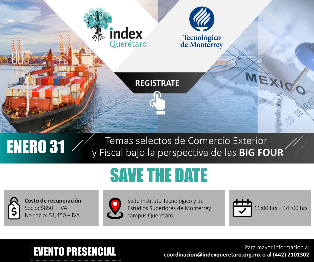 No te pierdas nuestro evento "Temas selectos de Comercio Exterior y Fiscal bajo la perspectiva de las Big Four", participa este 31 de Enero de manera presencial en <a href="/TecdeMonterrey/">Tecnológico de Monterrey</a>. Regístrate aquí:docs.google.com/forms/d/e/1FAI…
