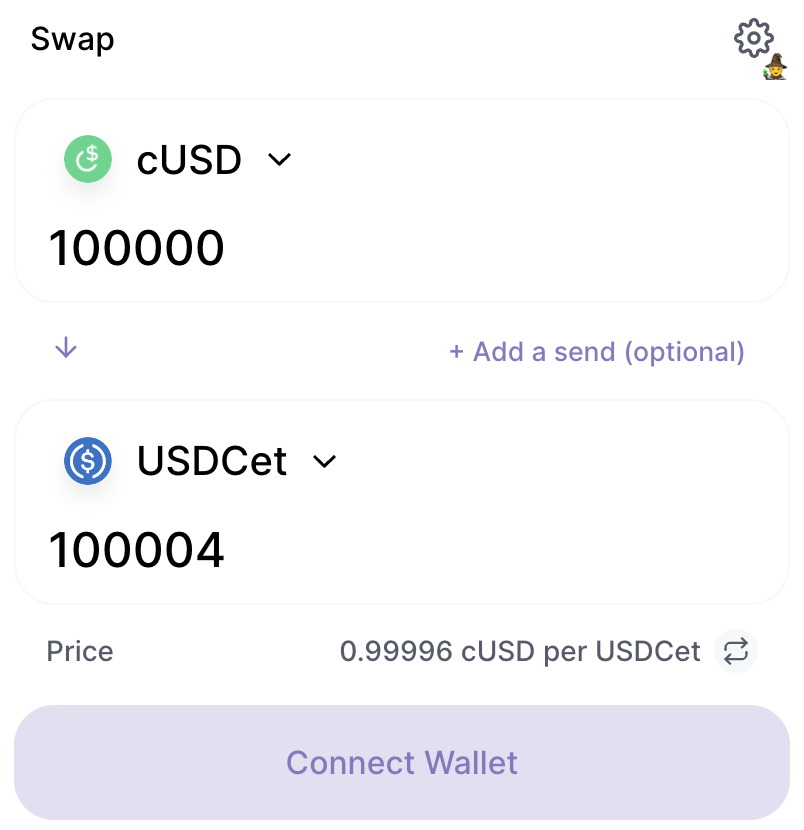 ubeswap's tweet photo. Wow, that was fast! ⚡️ Now you can trade $cUSD &amp; $USDC nearly slippage-free through Ubeswap (https://t.co/yNMDKpm2Us) thanks to @CurveFinance, @wormholecrypto, @MentoProtocol, &amp; @node_fi. Or directly integrate Ubeswap's front-end swap module into your app: https://t.co/oBgLHtBQ6P https://t.co/svkVDs40j3
