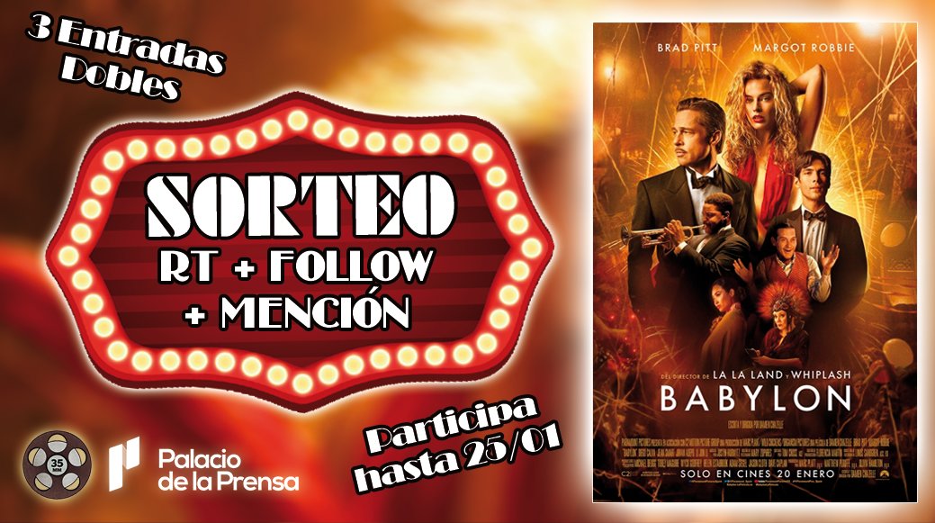 35milimetros_es's tweet photo. 📢 #SORTEO

🎟️ ¡3 ENTRADAS DOBLES para ver #Babylon en #Madrid!📽️

➡ RT + FOLLOW + MENCIÓN a un amigo

⌛ Fin: 25/1 a las 10:00   

👍🏻 Síguenos: @palacioprensa y @35milimetros_es

🍀 ¡Mucha suerte a todos!

Más info: https://t.co/OCFgHwkqJ9 https://t.co/GwhPXeM2j0