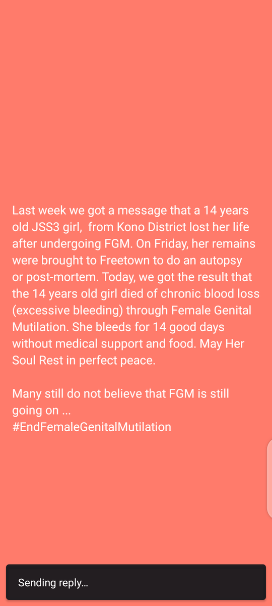 Ezinwamama's tweet photo. Female genital mutilation shouldn't be encouraged in every way.
Her life was unfairly cut short in the most painful way.
She had a bright future just like the other girls who have had to live with the adverse effects of FGM.
INFORM OTHERS, REPORT CASES #EndFGM #unfpanigeria https://t.co/wbbD3jdT5t