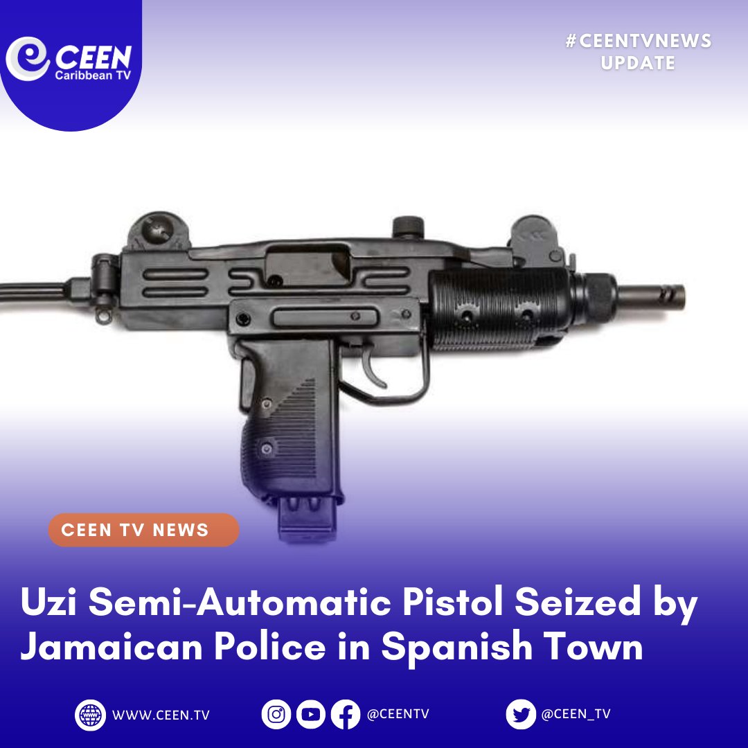 CEEN_TV's tweet photo. An #Uzi semi-automatic pistol along with 13 rounds of ammunition have been seized by #Jamaican police in Spanish Town. One man was taken into custody with the seizure.
#Ceentv #Jamaica #Caribbean https://t.co/IKAOHkYljz