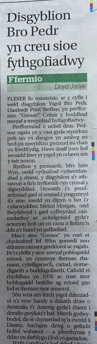 YsgolBroPedr's tweet photo. Braf gweld ein disgyblion yn derbyn cyhoeddusrwydd cenedlaethol yn y Western Mail wythnos hyn wedi ein perfformiad llwyddiannus o sioe Grease cyn y Nadolig. https://t.co/1XccDo7rfN