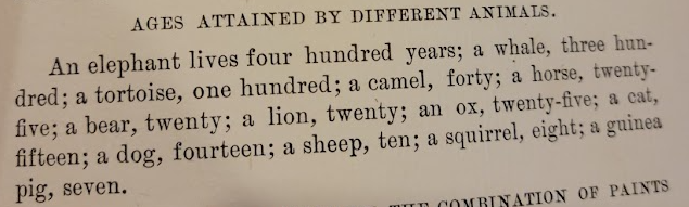 NickTeliska's tweet photo. Were these lifespans widely believed in the late 1800s? From book "Knowledge, Wisdom, and Power" (pub. 1890) - an encyclopedic book of sorts. 

#animals #history https://t.co/MfyEp2a0sY