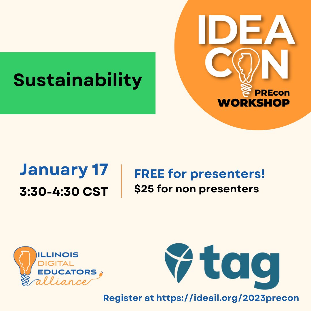 The second #IDEAil PREcon session is happening TODAY, and you can still register! Join <a href="/TakeActionEdu/">Take Action Global</a> as they discuss #sustainability from 3:30-4:30 CST. #IDEAcon 2023 presenters register for free. $25 for non-presenters.

Register at ideail.org/2023precon