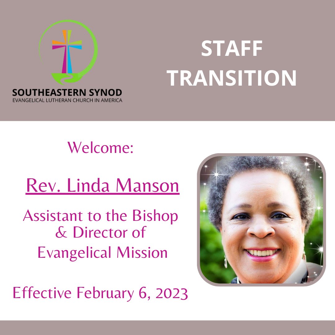 SESynod's tweet photo. Bishop Strickland Announces Pr. Linda Manson as new Assistant to the Bishop and Director for Evangelical Mission

To learn more about Pr. Manson, click the link below:

https://t.co/HK9uaNZL9H https://t.co/PaOPL31ylG
