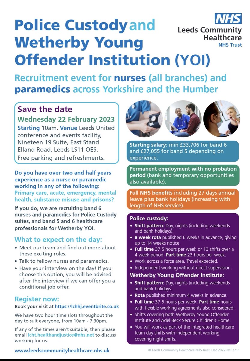 Want to be part of @LCHNHSTrust health & justice healthcare team? We are recruiting #nurses & #Paramedics for Police Custody & Wetherby Young Offenders Institute on 22 Feb 2023 at Elland Road,LS11 0ES. Interviews & conditional offers made on the day. 💻 lchhj.eventbrite.co.uk