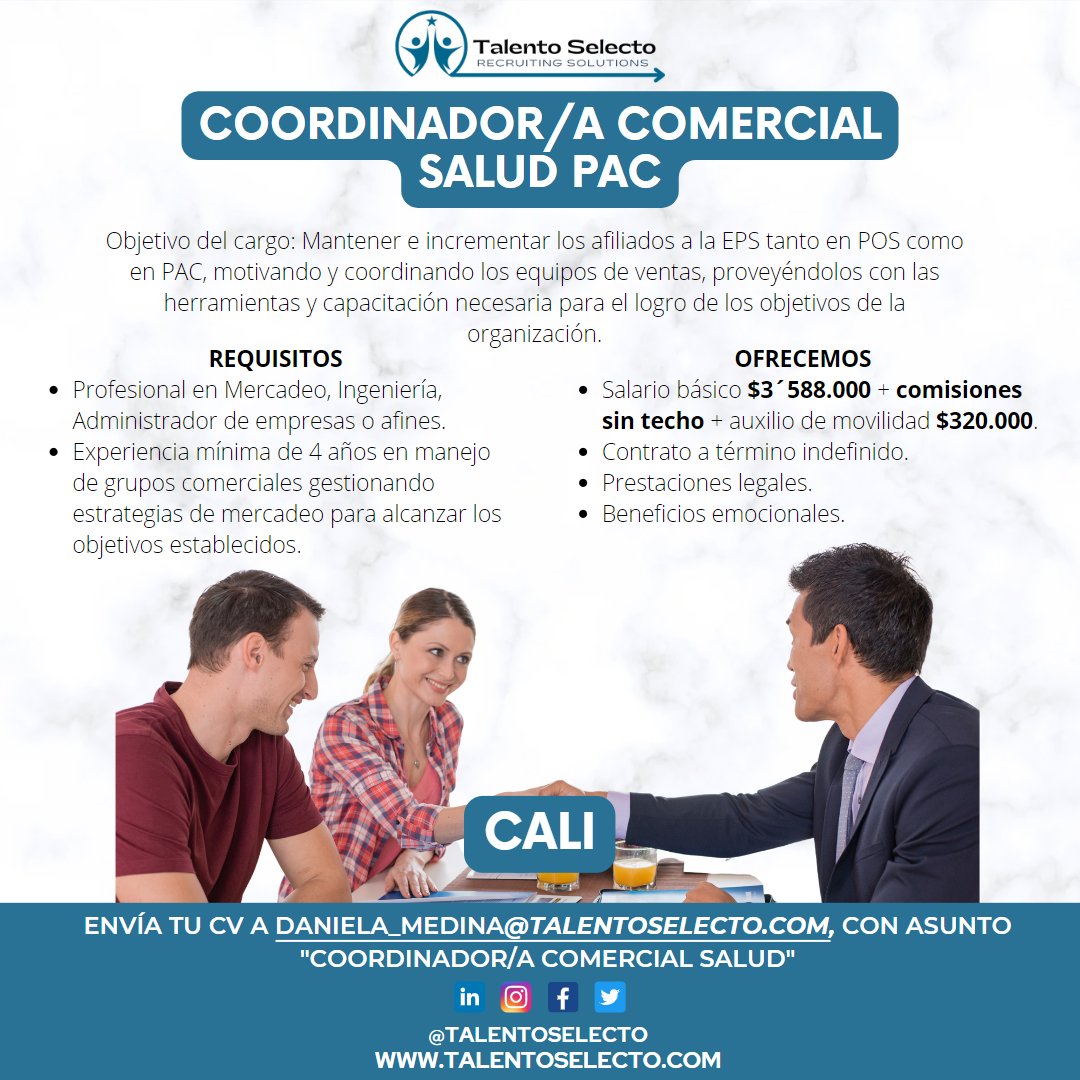 TalentoSelecto's tweet photo. 🤩¡Trabajamos constantemente para nuestra comunidad!Es por eso que hoy te traemos esta gran oportunidad laboral 🎉
#gerente #coordinador #coordinadorcomercial #gerentecomercial #trabajosihay #empleocolombia #trabajoencali #cali #talentoselecto #oportunidadlaboral #talento https://t.co/kT2loaEIkT
