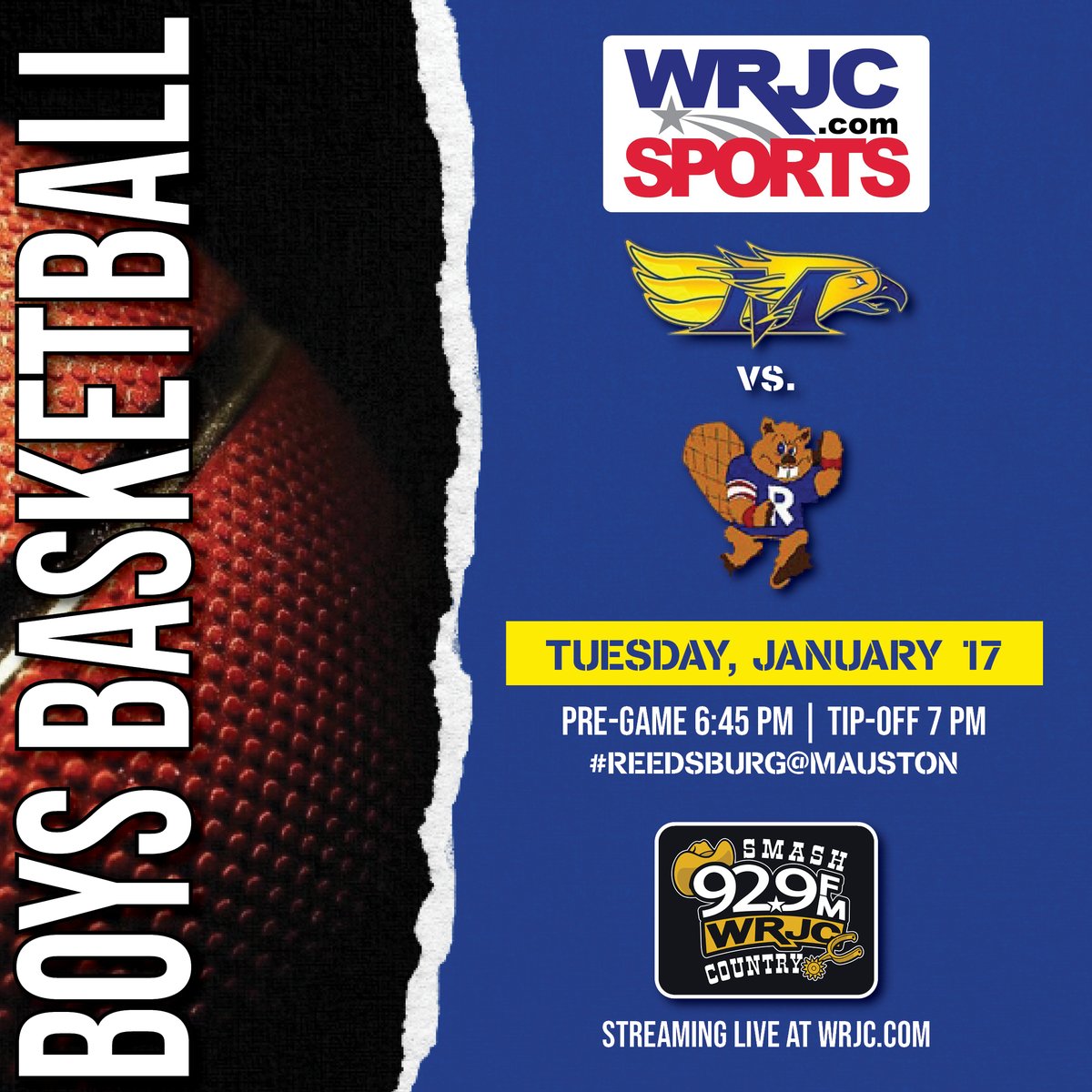 📢What's on the Radio Tonight? Pt. 2
🏀 #wisbb @RAHSburg at @mhsgoldeneagles 
📻SmashCountry 92.9FM WRJC.com
🕖Pregame 6:45pm Tipoff 7pm
🎤TJ Raye has the call