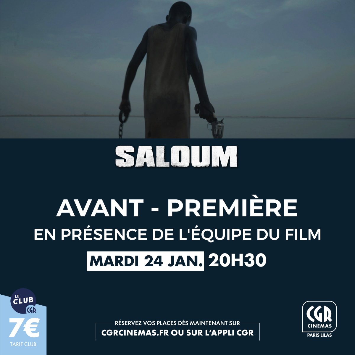 Venez nombreux à l’avant-première de SALOUM au <a href="/CgrParisLilas/">CGR Paris Lilas</a> le 24 janvier en présence de l’équipe. Réservez sur shorturl.at/qzATY et découvrez ce SOUTHERN avec <a href="/MrYannGael/">Yann Gael</a> <a href="/Rogeii7/">ROGER 🇸🇳~🇹🇬~🇬🇭</a> #BaMentor <a href="/Evelyneily/">Evelyne Ily</a> <a href="/BrunoHenry/">Bruno Henry</a>. Le 25 janvier au cinéma avec <a href="/CGR_Events/">CGR Events</a> <a href="/CGRCinemas/">CGR Cinémas</a>
