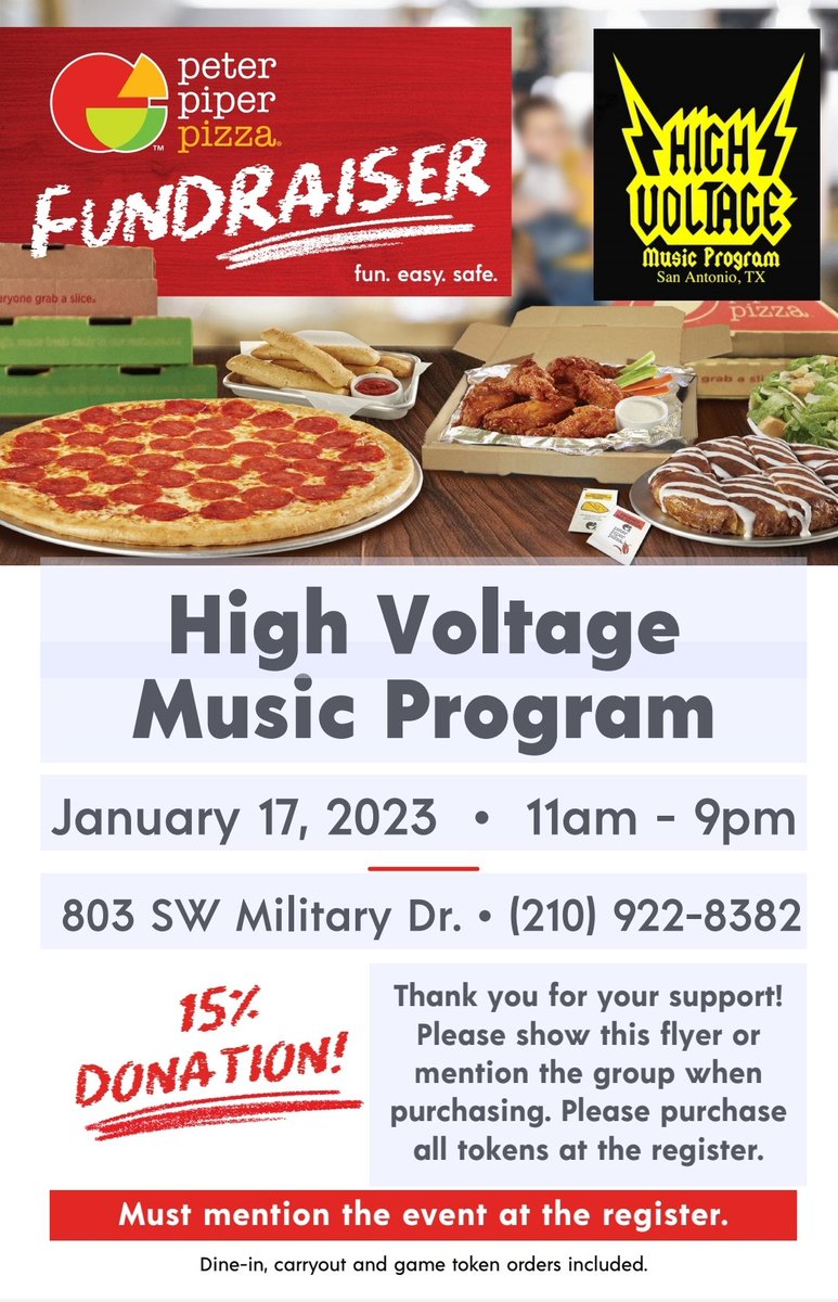 HVMusicProgram's tweet image. TODAY.. @highvoltagemusicsa receives 15% of sales today till 9 PM when you mention us at the counter when ordering dine-in take-out or buying tokens at the register!
Bring your family out for dinner this evening and mention us at the counter! Thanks for your support!
❤️⚡️🍕🎶🎸