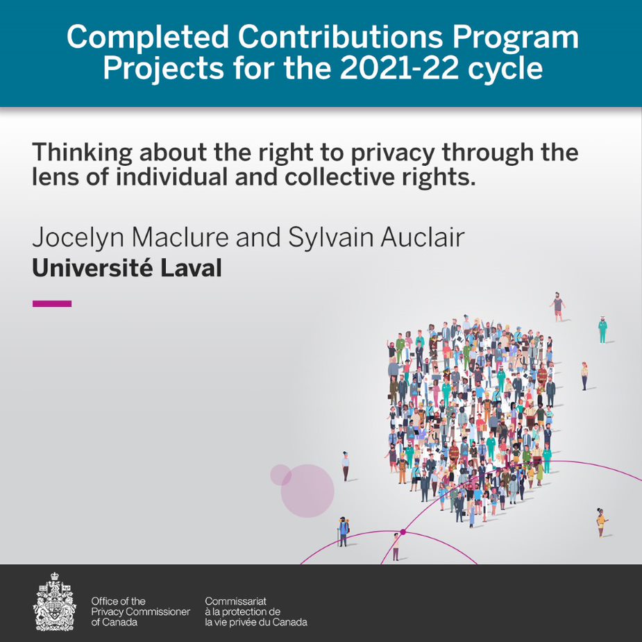 PrivacyPrivee's tweet image. The analysis conducted as part of this @universitelaval research project allowed the authors to elaborate on the relationship between the right to privacy and fundamental rights and on the collective nature of the right to privacy. priv.gc.ca/en/opc-actions… #ContributionsProgram