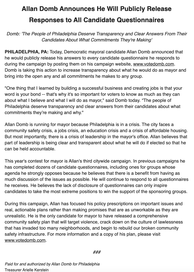 VoteDomb's tweet photo. BREAKING: I just announced that I am going to publicly release all of my candidate questionnaires, as part of my commitment to remain accountable and transparent to all Philadelphians. https://t.co/KHuHDIYhI9