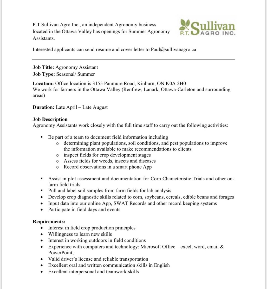 Jean Sullivan (@sullivanagro_js) on Twitter photo Spring is just around the corner. Weβre looking for keen summer staff to join our team. <a href="/SullivanAgro/">Paul Sullivan</a> @ontag #students #summerjobs #agronomy Spring is just around the corner. Weβre looking for keen summer staff to join our team. <a href="/SullivanAgro/">Paul Sullivan</a> @ontag #students #summerjobs #agronomy