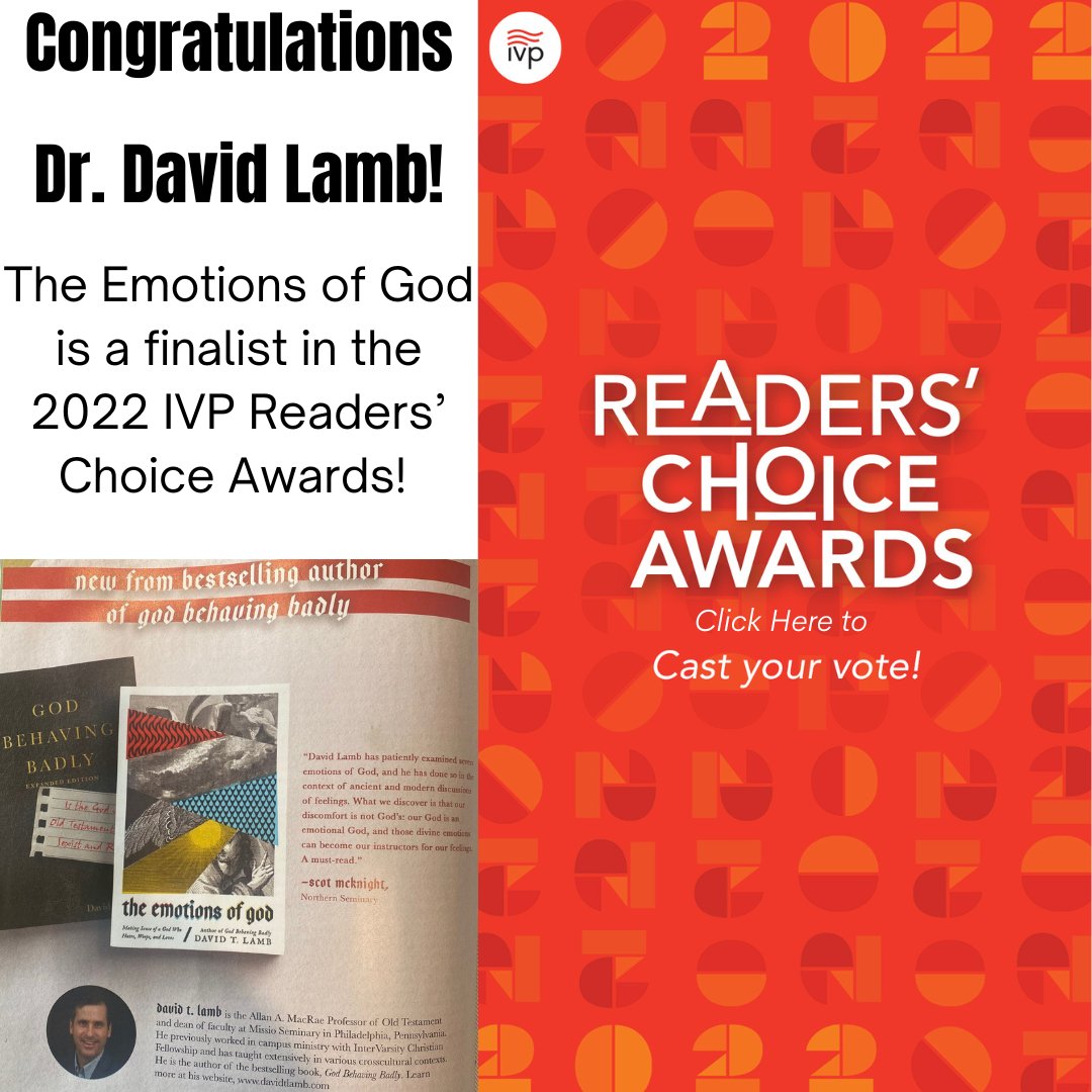 We are excited to announce that our very own Dr. David Lamb is a finalist for Readers' Choice Awards. Please click below to cast your vote!!!!! ivpress.com/readerschoice