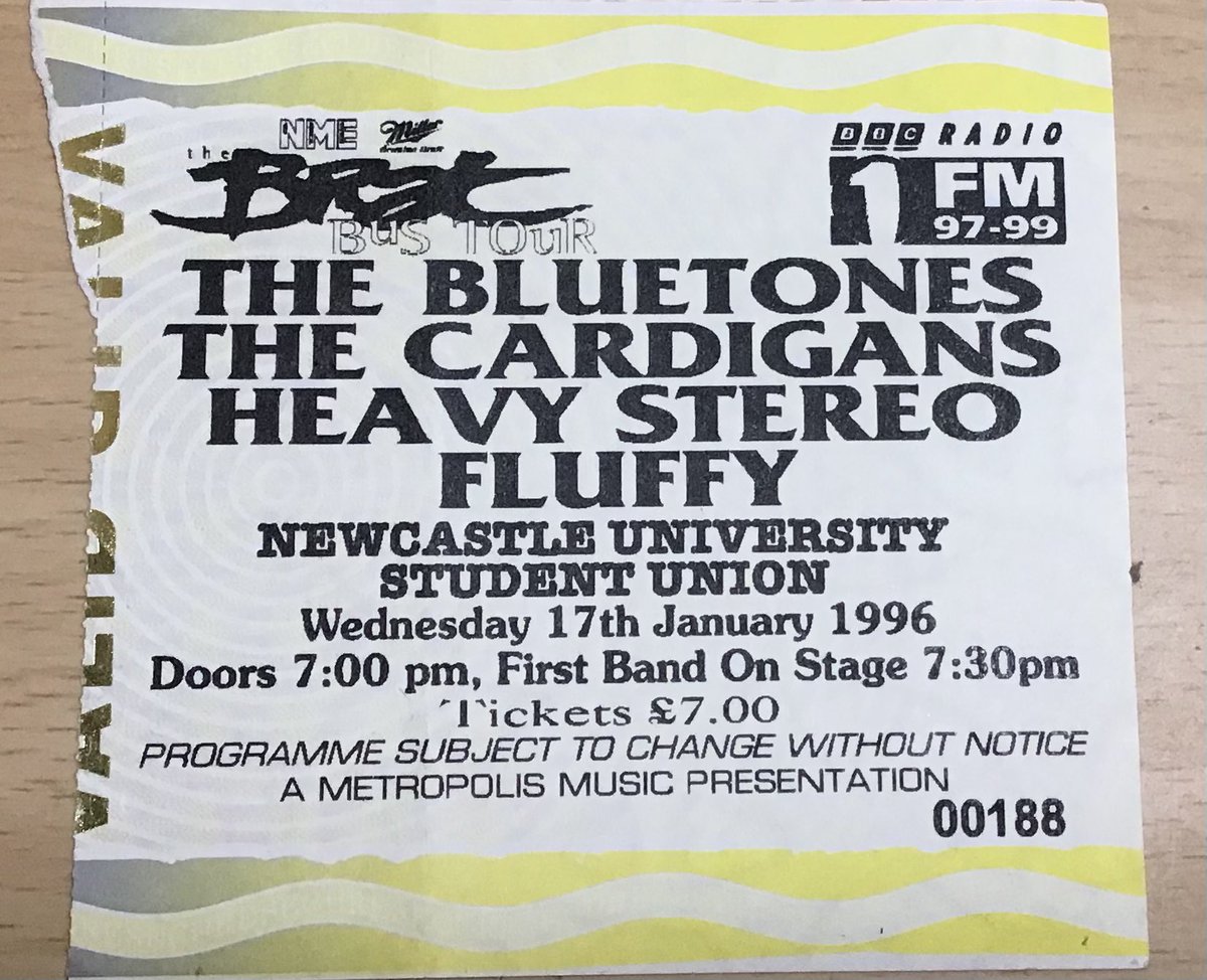 On this day #otd 27 years ago, 17/01/1996

The @NME Brat Bus Tour reached @NUSU, featuring: @TheBluetones, The Cardigans, @HeavyStereo & Fluffy. 

Another from my ticket stub archive.