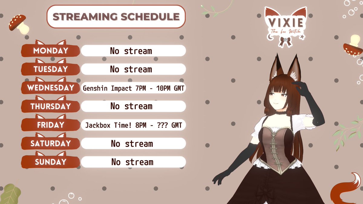 VixieFoxWitch's tweet photo. Stream Schedule for this week!

Trying Genshin for the first time!

Jackbox stream with everyone :3 https://t.co/R1AkqiWMYj