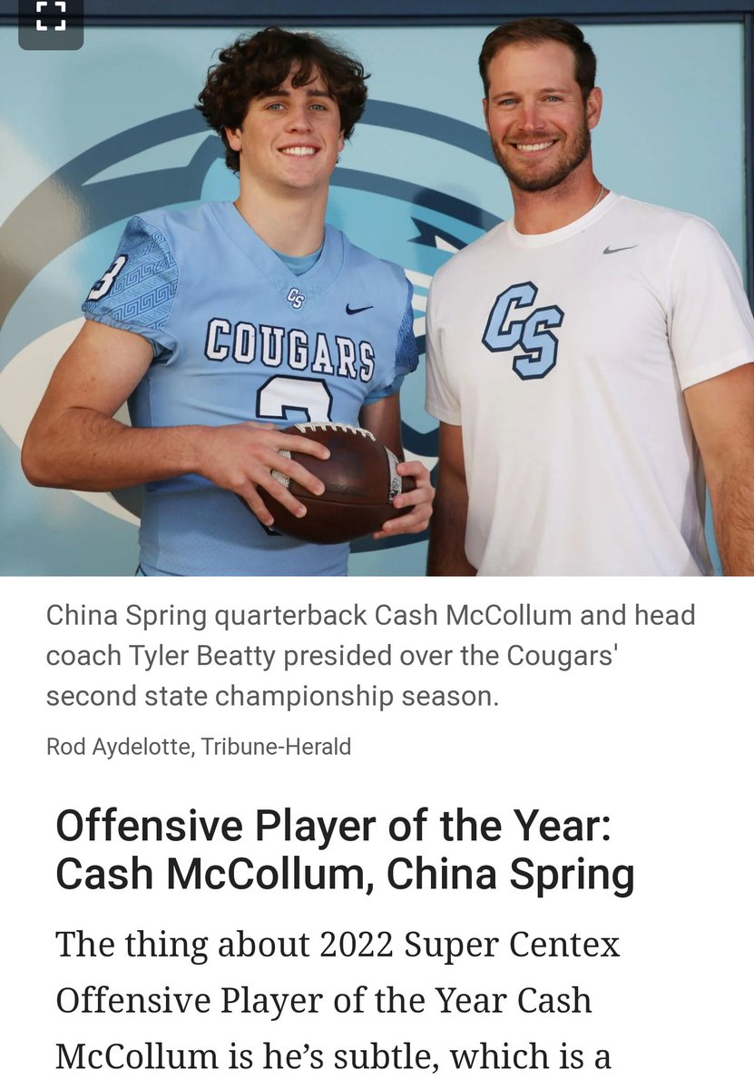 Cash_McCollum's tweet photo. Thank you @wacotribsports for selecting me 2022 Super Centex Offensive Player of the Year. Congratulations @thecoachbeatty Coach of the Year! Congrats to my teammates that made the team! #RecruitCS https://t.co/QrFSRGfvXt https://t.co/rALDvcdjNR