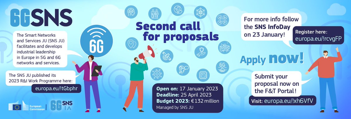 6G_SNS's tweet photo. Today the Smart Networks and Services Joint Undertaking (SNS JU) launches its second call for proposals.

Participants can now submit their proposals on the Funding and Tenders Portal 👍 https://t.co/HytsFmO8Mh

🎯 Attend the SNS InfoDay on 23 January 2023

@DigitalEU #SNSJU https://t.co/JADxysxBlD