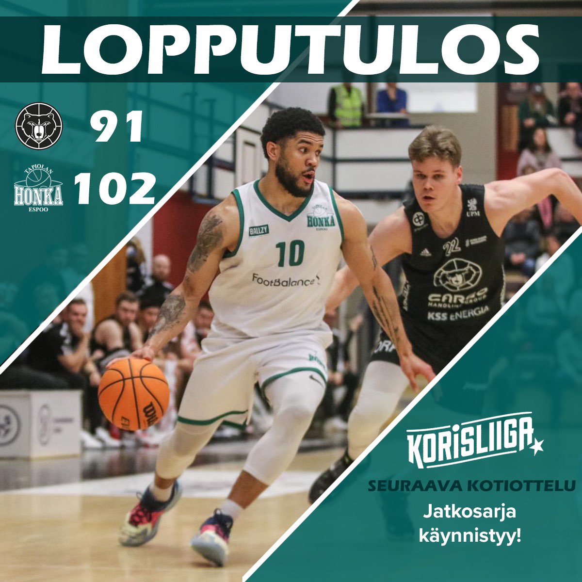𝐊𝐎𝐋𝐌𝐀𝐒 𝐕𝐎𝐈𝐓𝐓𝐎 𝐏𝐔𝐓𝐊𝐄𝐄𝐍! 🔥

Hongan miehet jatkaa tammikuuta tappiottomana! Ensimmäinen 10min tasan, 2Q pisteen ja 3Q kolmen pisteen erolla kotijoukkueelle. Neljäs meille pistein 11-26! 🤩

Rautaisella otteella peliä johtanut Duvivier 31/3/7!

#Korisliiga