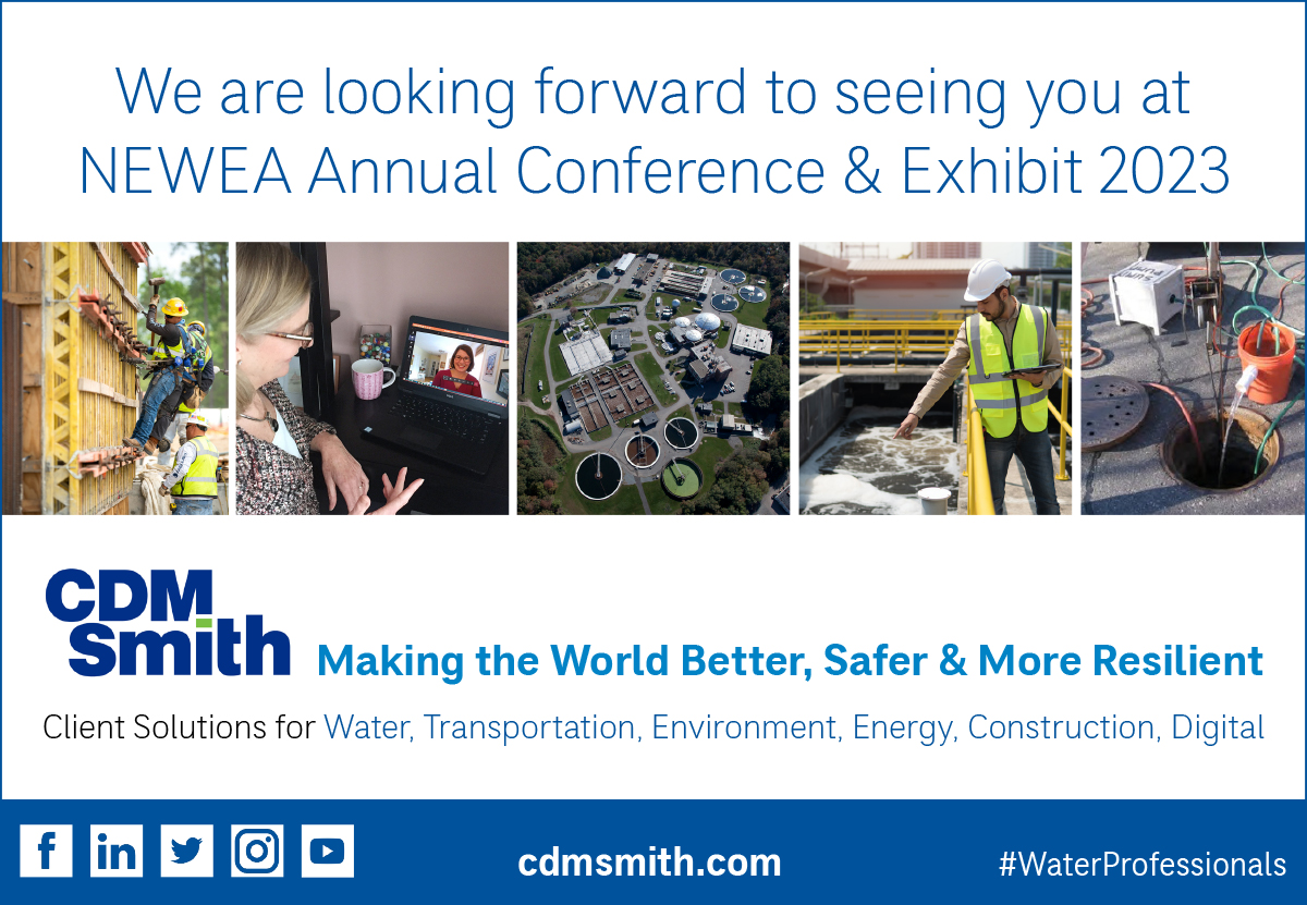 <1 week until #NEWEA2023! CDM Smith presenters team with our clients from BWSC, MDC, Littleton (MA) Light and Water, Nantucket, New Bedford, &amp; Revere, MA and Greenwich, CT addressing topical industry trends. Presentations during Technical Sessions beginning Mon. 1/22–Wed. 1/25.