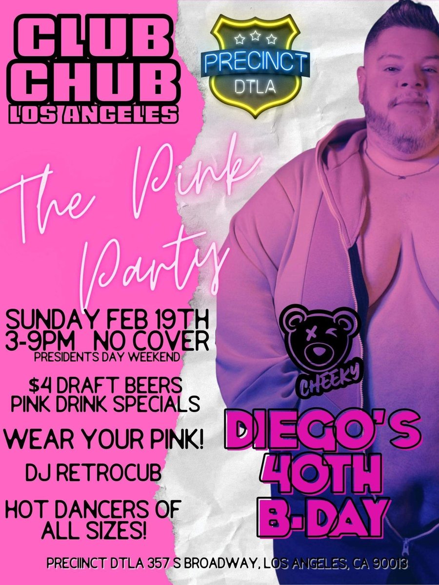 D83Big's tweet photo. Friends! If you are in the Southern California area next month! Come out to Club Chub!Could not think of a better way to celebrate my 40th then with all the sexy big boys!Let’s Pink it up!  Feb 19th precinct LA #precinctla #BigBoys #bigboyparty #gaychub #superchub #bodypositivity https://t.co/wUuYQjDS1M