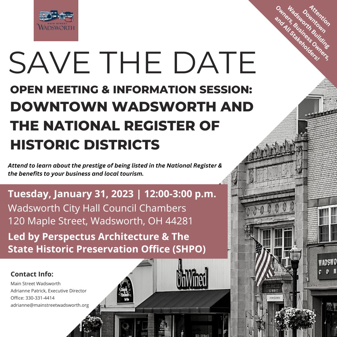 MainStreetWads's tweet photo. All are invited to attend this educational session about the Downtown Wadsworth Historic District and the National Register of Historic Districts. Attend to learn about the prestige of being listed in the National Register and the benefits to businesses and local tourism. https://t.co/b5sbBRyzKq
