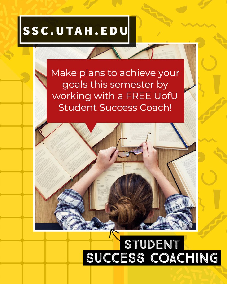 UStudentSuccess's tweet image. Make plans to achieve your goals this semester! Work with a FREE U of U Student Success Coach to create goals, build effectiveness, set you priorities, and manage your commitments to achieve success. Schedule your 30 minute appointment on our website: ssc.utah.edu