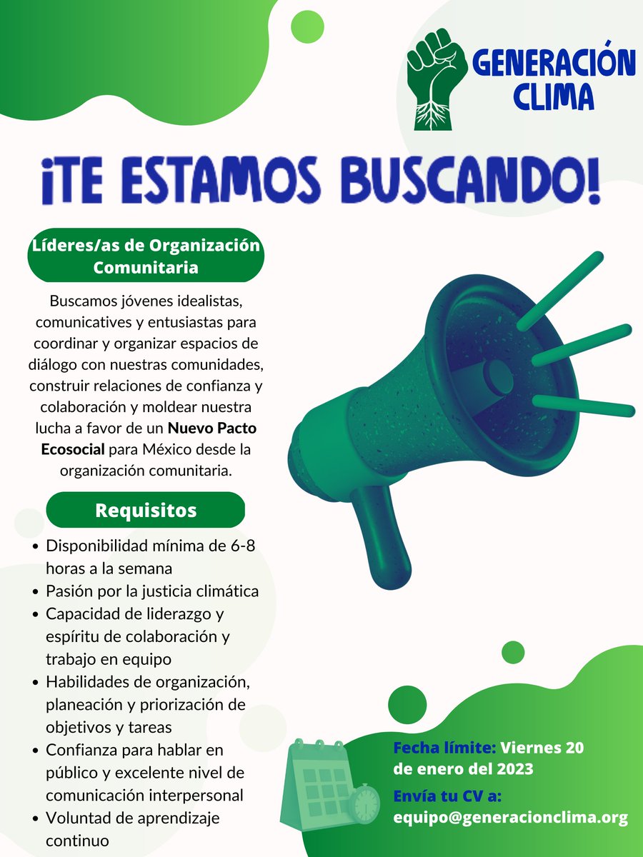 generacionclima's tweet photo. ¿Se te da relacionarte con la gente y organizar espacios de diálogo? ¿Quisieras liderar una nueva org dedicada a construir un mundo habitable y justo?
 
Si es así, ¡únete a nosotres como Líder/esa de Organización Comunitaria!

Tienes hasta este viernes: https://t.co/1TKY9sXFa0 https://t.co/zgvBmsPz3g