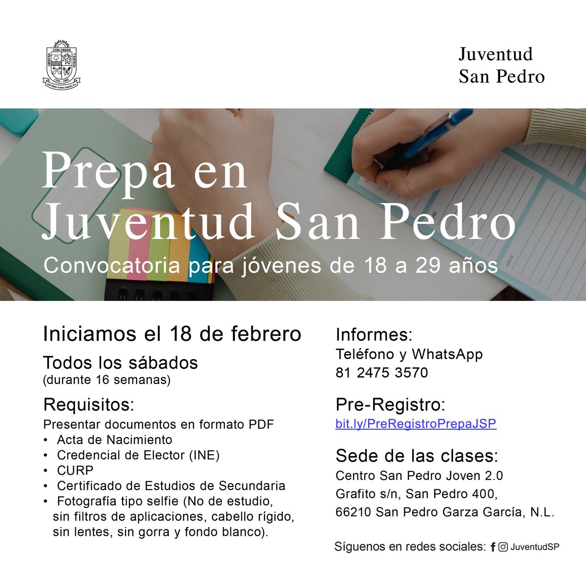 juventud_sp's tweet photo. ¡Realiza tus estudios de Preparatoria en Juventud San Pedro! 📝
➡️ Completa tu Pre-Registro aquí: https://t.co/71a5tuUxvT

Aviso de privacidad
https://t.co/hiX1I8h7Xf #SPGG #Prepa https://t.co/5hNHVN0Aq4