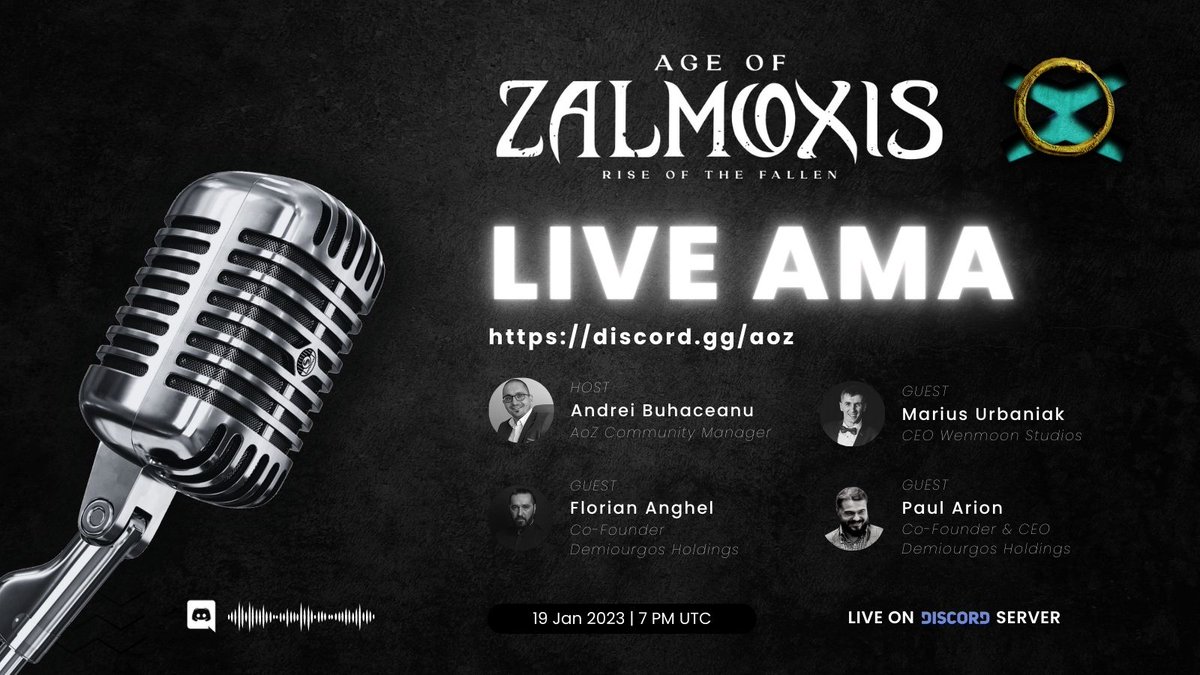📯The second #AMA Session on the official Age of Zalmoxis Discord server!

💬You can start posting your questions on the AMA-dedicated channel.

🎙️Host: <a href="/AndreiB95403066/">Andrei Buhaceanu</a>
🎙️Guests: <a href="/UrbaniakMarius/">Marius Urbaniak</a> from <a href="/WenmoonStudios/">Wenmoon Studios</a>, <a href="/AronAnghel/">Aron Florian Anghel</a> and <a href="/PaulArion7/">Paul Arion</a> from <a href="/DemiourgosH/">Demiourgos Holdings</a>
 
#MultiversX