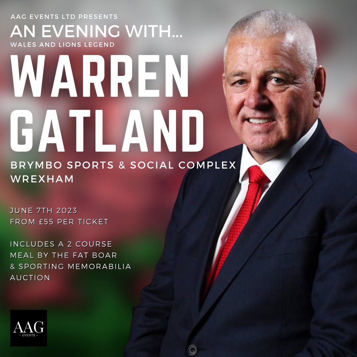 One night only - in conjunction with <a href="/FatBoarWXM/">Fat Boar Wxm</a> <a href="/BrymboSportsSC/">Brymbo Sports SC</a> Warren Gatland in Wrexham on 7th June. Tickets on sale 17th March. Exclusive access for 72 hours to customers attending previous event (An Evening with Ryan Jones) we can’t wait to welcome Warren to Wrexham 🏴󠁧󠁢󠁷󠁬󠁳󠁿🏉