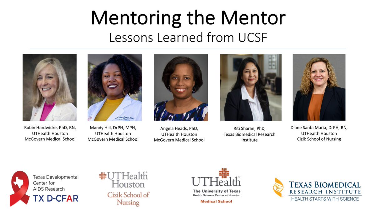 Texas Developmental Center for AIDS Research (@texasdcfar) on Twitter photo Tomorrow we host these <a href="/Women_in_ID/">Women In Infectious Diseases (WIID)</a> to talk about #Mentoring. They all attended a special mentoring program @UCSF_GIVI_CFAR.
Jan 26, 2023 1:00 PM CST
<a href="/McGovernMed/">McGovern Med School</a> <a href="/CizikNursing/">Cizik School of Nursing at UTHealth Houston</a> <a href="/txbiomed/">Texas Biomedical Research Institute</a> <a href="/DrMandyJHill/">Mandy J. Hill, DrPH, MPH, HIVPCP</a> <a href="/RitiSharan/">Riti Sharan</a> <a href="/diane_santa/">Diane Santa Maria</a> <a href="/aheadsphd/">Dr. Angela Heads</a> <a href="/UTHealthHouston/">UTHealth Houston</a> <a href="/NRMNET/">National Research Mentoring Network</a> Tomorrow we host these <a href="/Women_in_ID/">Women In Infectious Diseases (WIID)</a> to talk about #Mentoring. They all attended a special mentoring program @UCSF_GIVI_CFAR.
Jan 26, 2023 1:00 PM CST
<a href="/McGovernMed/">McGovern Med School</a> <a href="/CizikNursing/">Cizik School of Nursing at UTHealth Houston</a> <a href="/txbiomed/">Texas Biomedical Research Institute</a> <a href="/DrMandyJHill/">Mandy J. Hill, DrPH, MPH, HIVPCP</a> <a href="/RitiSharan/">Riti Sharan</a> <a href="/diane_santa/">Diane Santa Maria</a> <a href="/aheadsphd/">Dr. Angela Heads</a> <a href="/UTHealthHouston/">UTHealth Houston</a> <a href="/NRMNET/">National Research Mentoring Network</a>