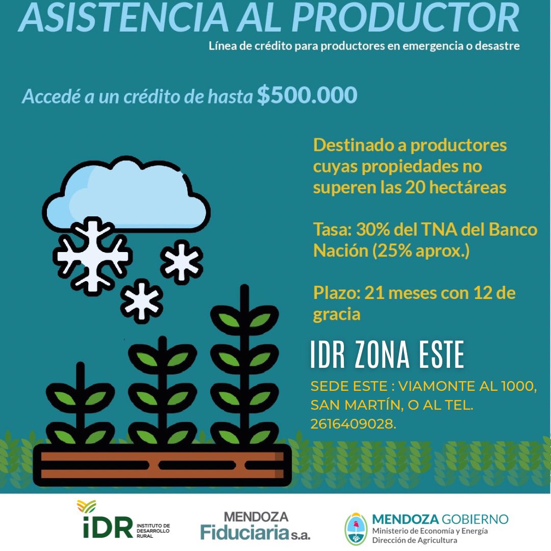 ASISTENCIA A PRODUCTORES EN EMERGENCIA O DESASTRE. INFORMACIÓN EN IDR:
.San Rafael: Valentín Alsina 445. Y. 2604438054
.Valle de Uco: H. Irigoyen 703, Tyan. (2622578810).
.Este: Viamonte 1000, San Martín. T. 2616409028. 
.Godoy Cruz: correo: info@idr.org.ar o al Tel: 261 6407395