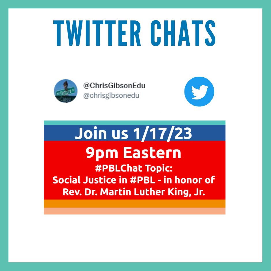PBLMatters's tweet photo. It's Twitter Chat Tuesday! 💙 Join #PBLChat TONIGHT 1/17 with @ChrisGibsonEDU to talk about social justice and PBL.
- - - - - - - - - -
#pbl #projectbasedlearning #projectbasededucation #pblnow #hqpbl #pblworks #pblmatters #pblprojects https://t.co/HyIBOckFb1