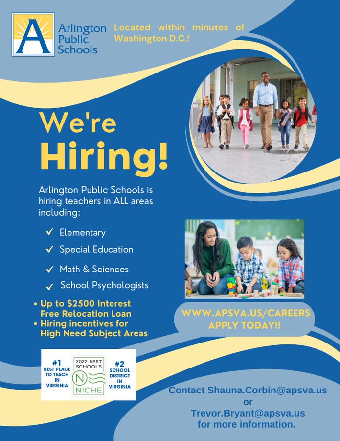 Come work for <a href="/APSVirginia/">Arlington Public Schools</a>! #teachapsva #APSisAwesome  Apply at apsva.us/careers today!