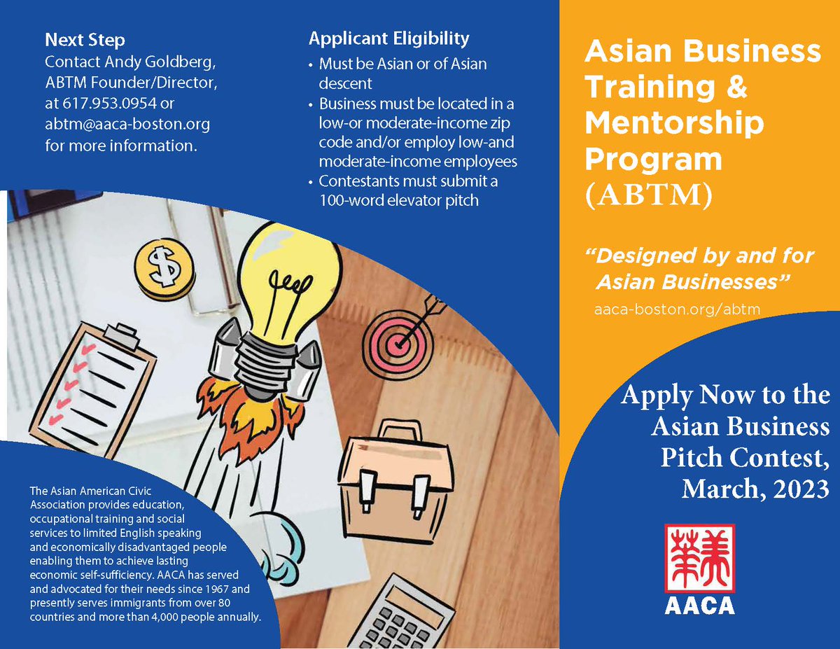 Apply today for the Asian Business Pitch Contest!

Contact Info:
Andy Goldberg, ABTM Founder/Director
617.953.0954
abtm@aaca-boston.org
@AACABoston

#asiansmallbusiness #AAPI