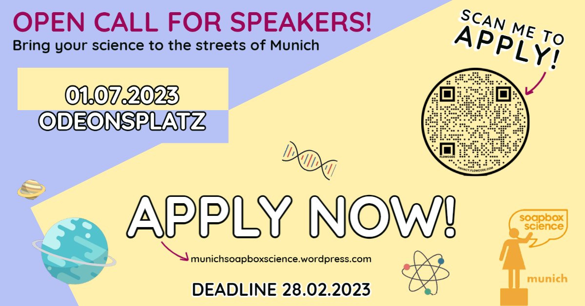 munichsoapbox's tweet photo. Are you a woman in #STEM? Do you want to share your #research and inspire others? Become a speaker at #SoapboxScience Munich 2023! Bring your #science to the streets of #Munich at #Odeonsplatz on Saturday, 1st July. Apply until 28.02.2023 #womeninscience https://t.co/fvGFU87DCM https://t.co/7JHixETF6k