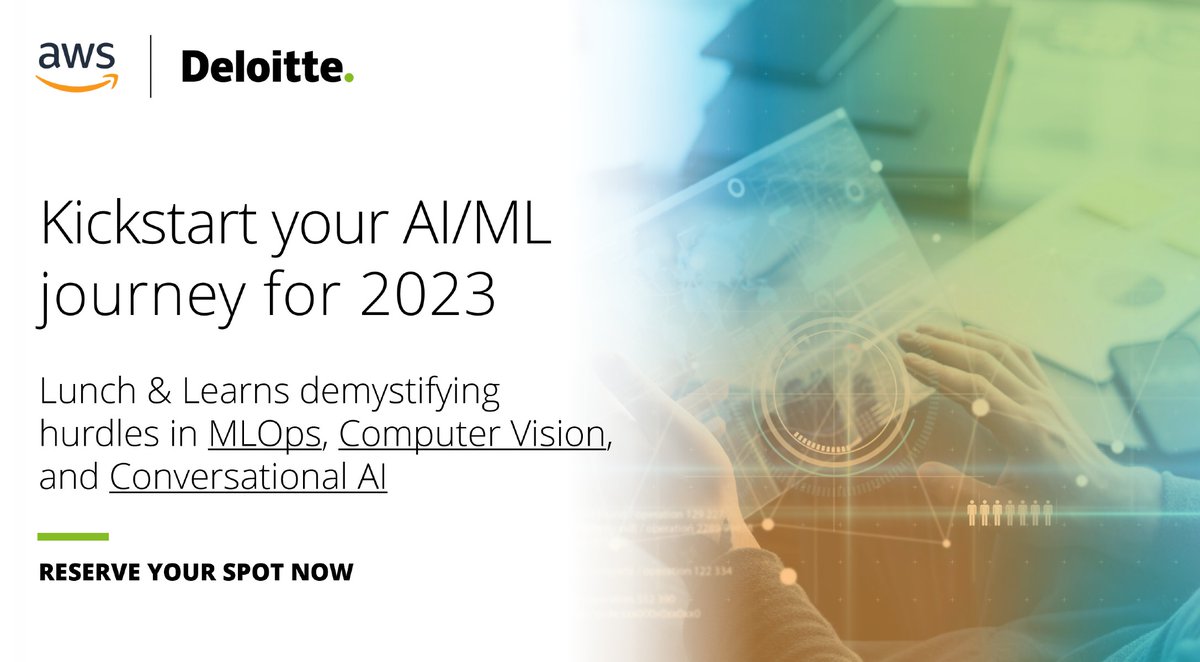 DeloitteOnTech's tweet photo. Were you inspired at #reInvent? Don’t stop learning now. Deloitte and @awscloud are offering a week of online Lunch &amp; Learns on the latest on #AIML project development.  https://t.co/Yl6aeD8Ji7 https://t.co/eY5Vf83ShQ