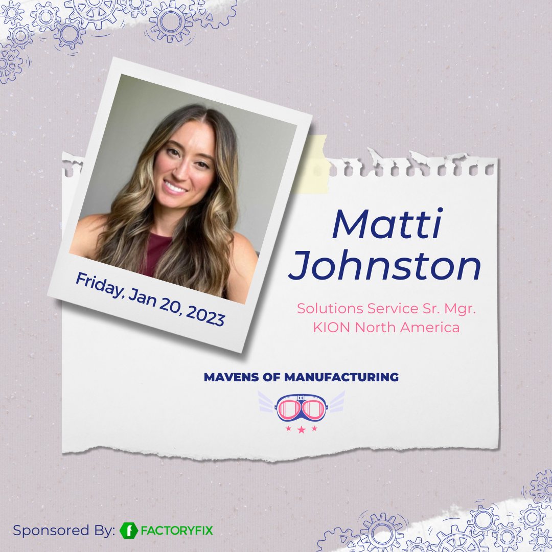 Slight change in info for this week's #mavensofmanufacturing episode with Matti Johnston!

She's now with @KIONNorthAmerica, so we'll hear more about that this Friday at 11:30 am CST

#womeninmanufacturing #womeninengineering #machining #machinery #manufacturing

@FactoryFix